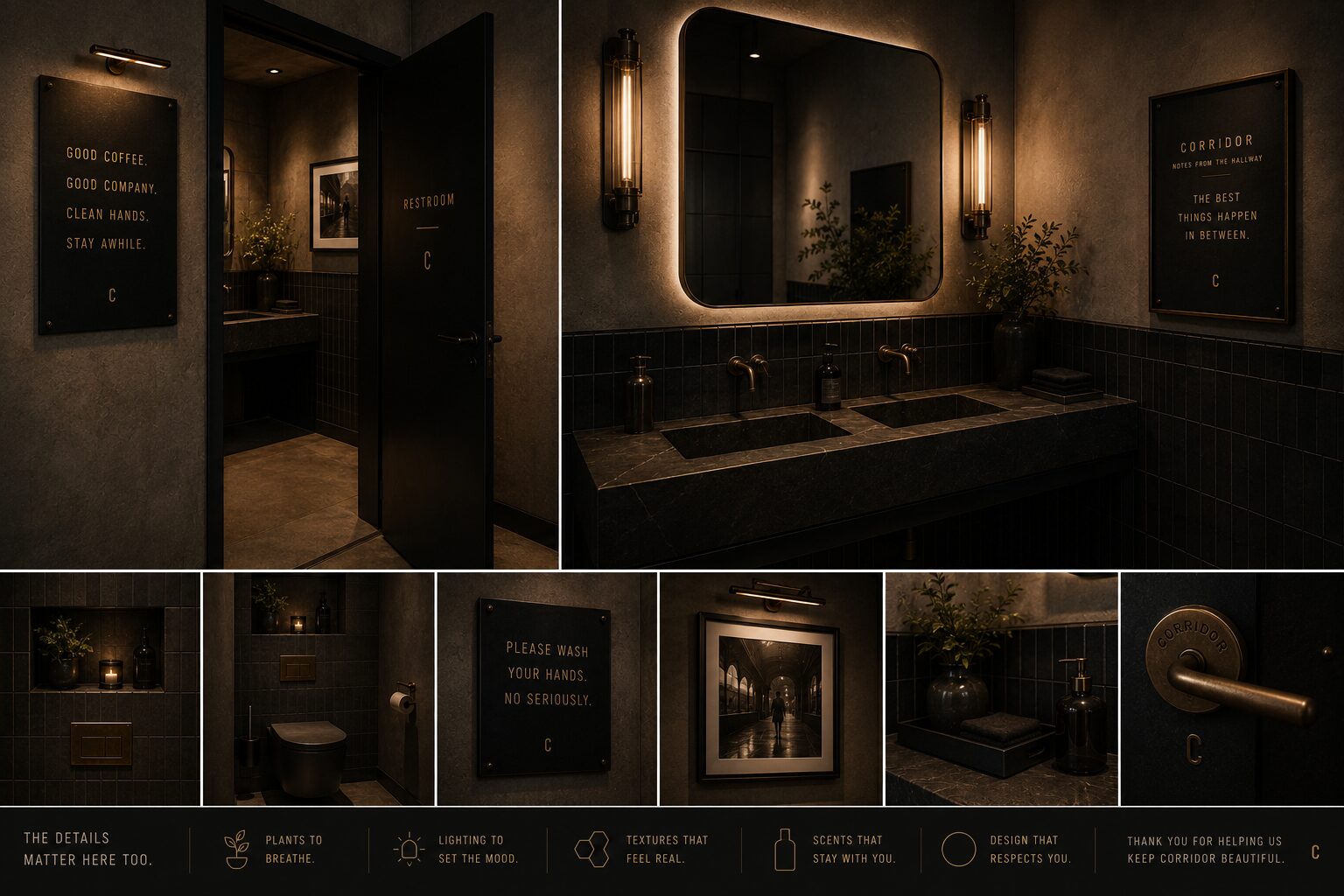 Corridor's hidden courtyard, lit for evening with a fire bowl and low seating