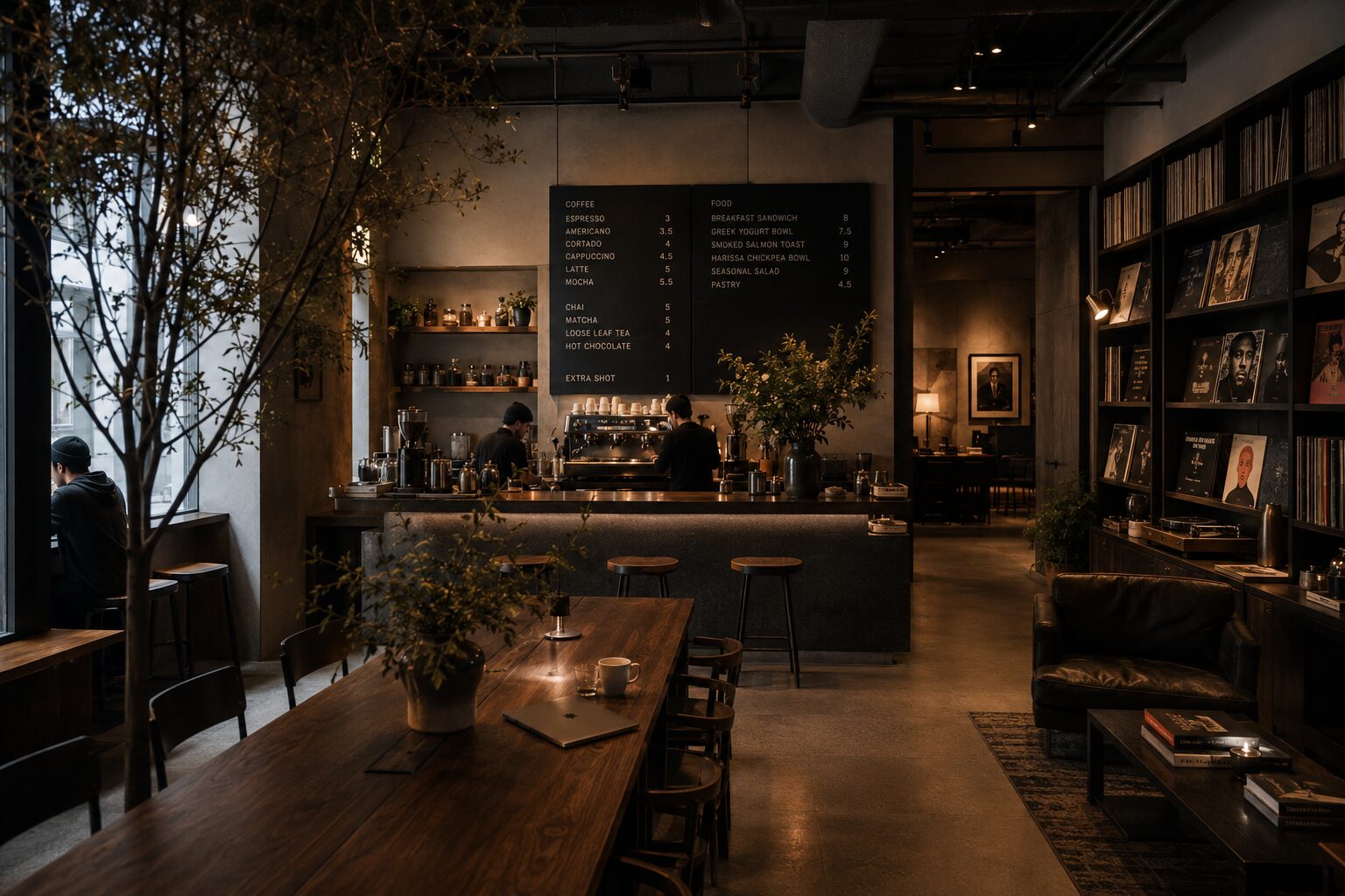 The Corridor bar, with a wall of curated vinyl records and a long communal table