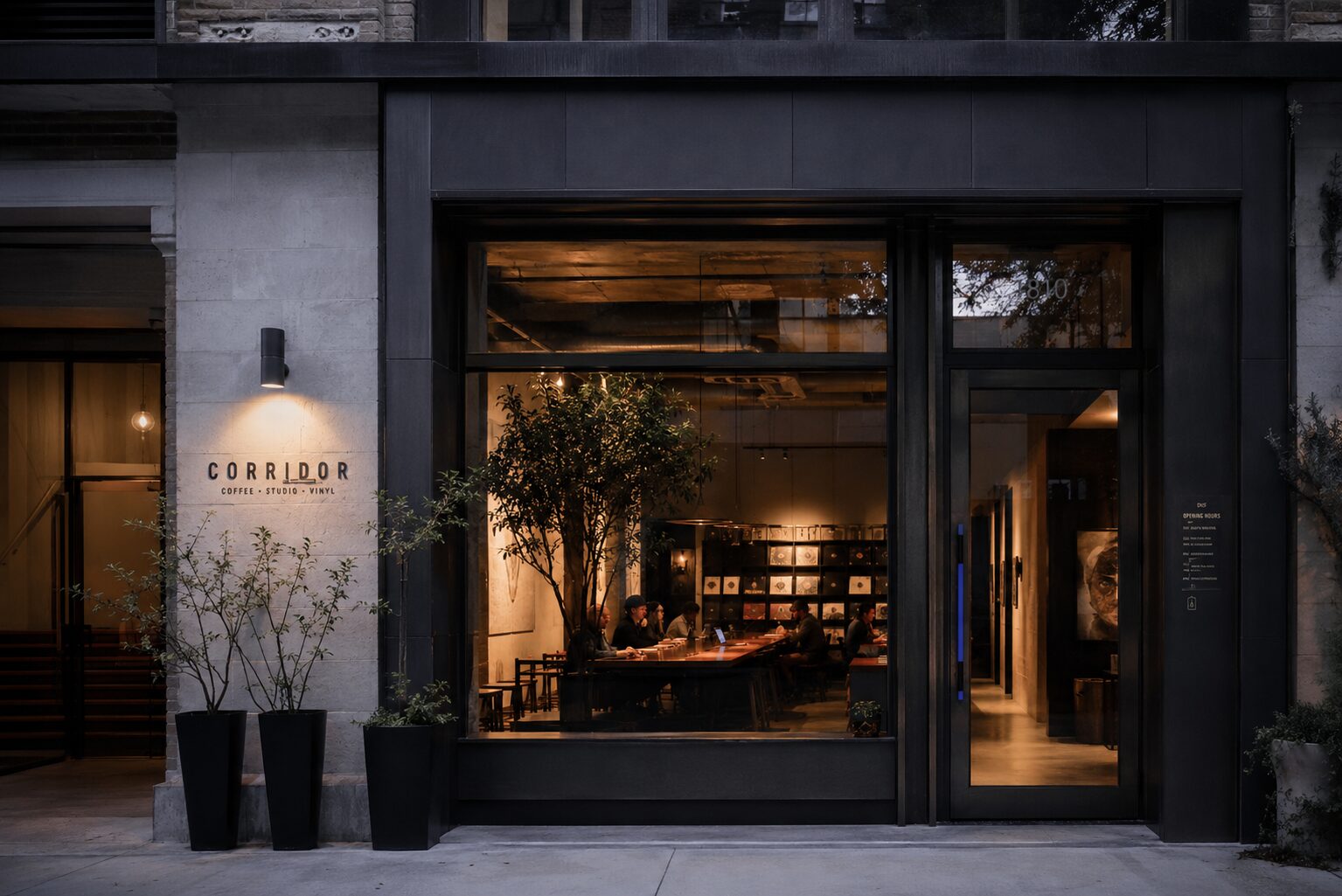 Corridor storefront at dusk